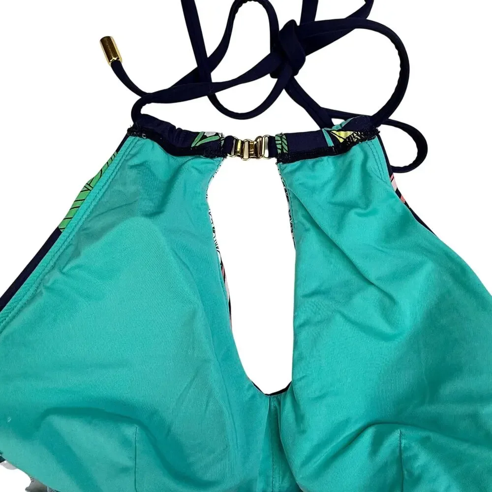 Trina Turk Tropical Floral Halter Bikini Set Navy Botanical Gold Hardware US 8 - Picture 10 of 14